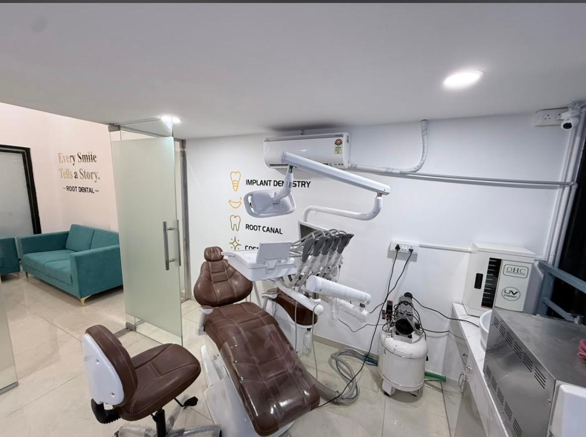 Dental chair and operating light beside icons for implant dentistry, root canal and cosmetic treatment